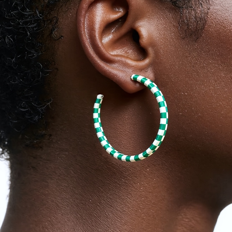 Women's Large Acrylic Checkerboard C-Shaped Hoop Earrings